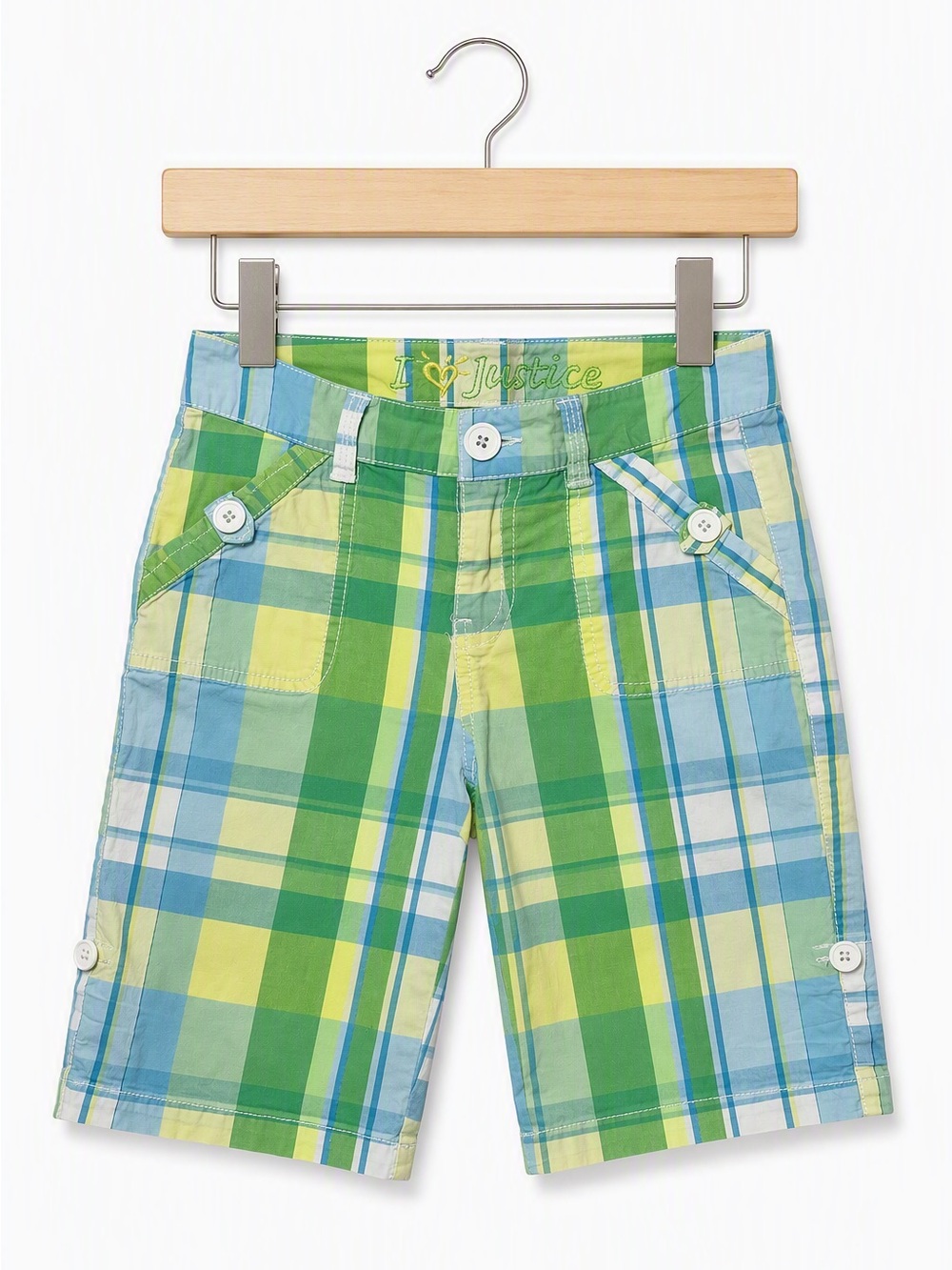 Vintage Y2K I Heart Justice Lime Green Blue Madras Plaid Bermuda Shorts 14 Slim